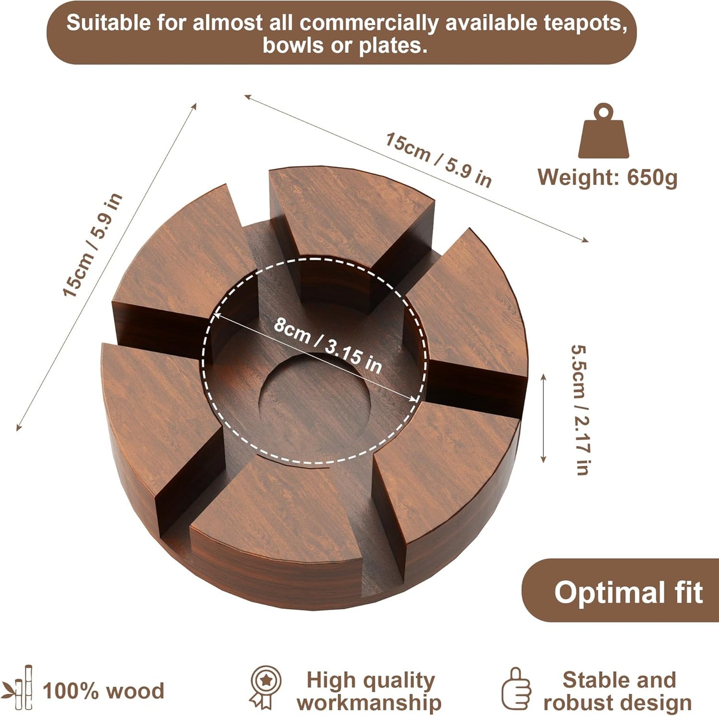 Teapot and Food Warmer - Portable Food Warmer for Camping and Traveling - Buffet Server and Warmer - Candle Food and Teapot Warmer - Acacia, 6.25" (Pattern 1)