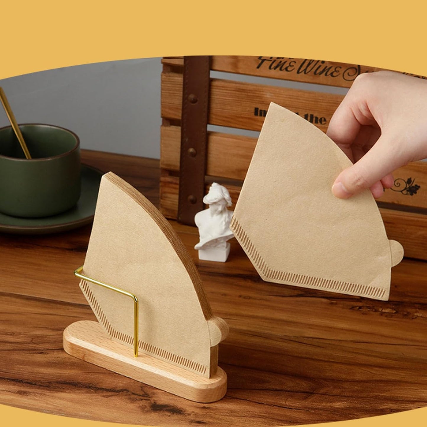 Coffee Filter Holder Stand for V60#1 & #2 | Wood & Brass Organizer with 40-Capacity | Space-Saving Storage for Cone Paper Filters | Compatible with Pour Over Coffee Accessories