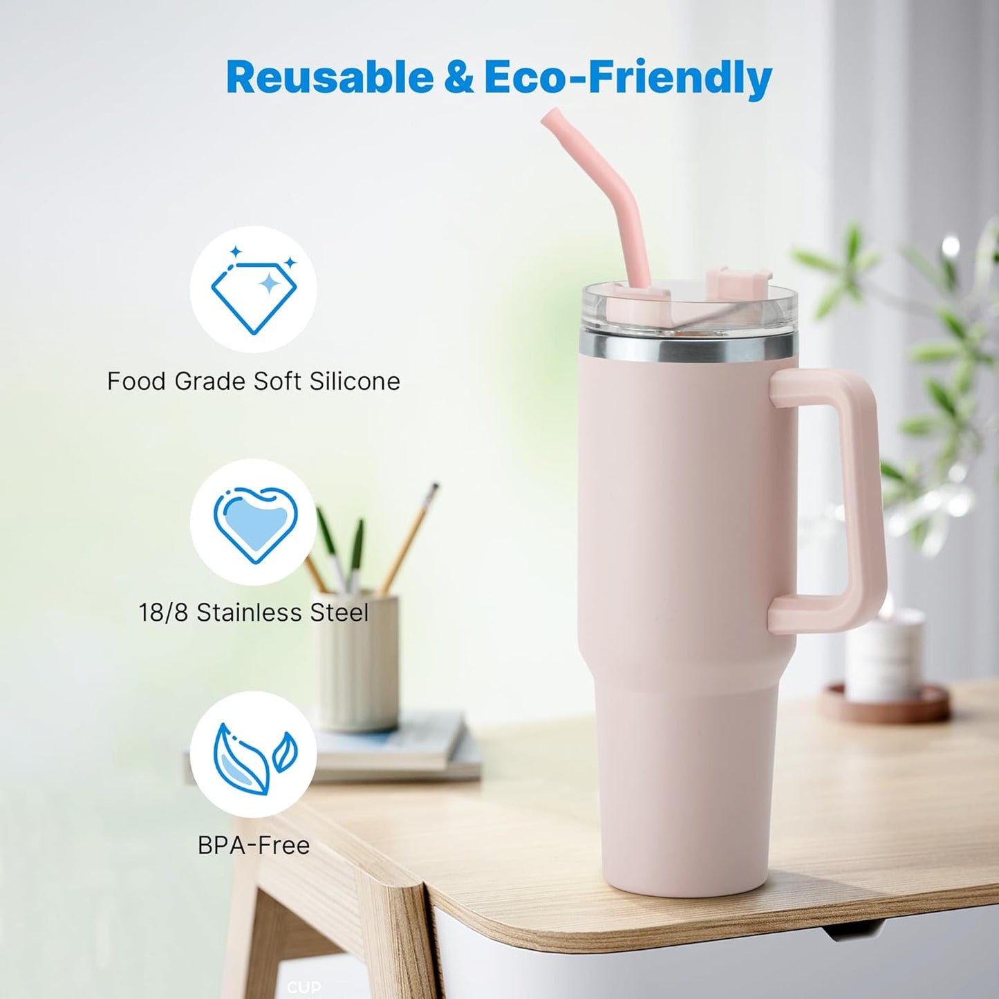 Metal Straw with Silicone Tip for 30oz Stanley Cup, 2 Pcs Stainless Steel Straws Replacement for Stanley 30 oz Adventure Quencher Travel Tumbler Cup, 1 Straw Brush (Light Pink)