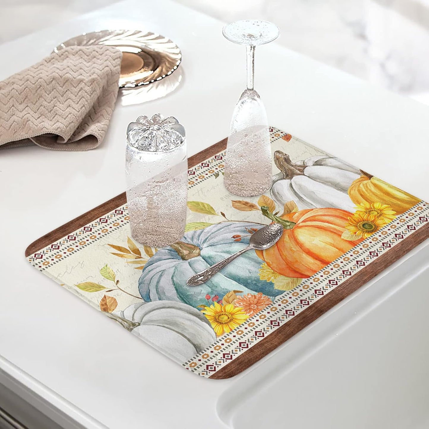 Fall Dish Drying Mat for Kitchen Counter Pumpkin Drying Pad Absorbent Drying Mats for Countertops Sinks Draining Racks Sunflower Eucalyptus Leaves Drainer Holiday Harvest Thanksgiving Decor 18x24