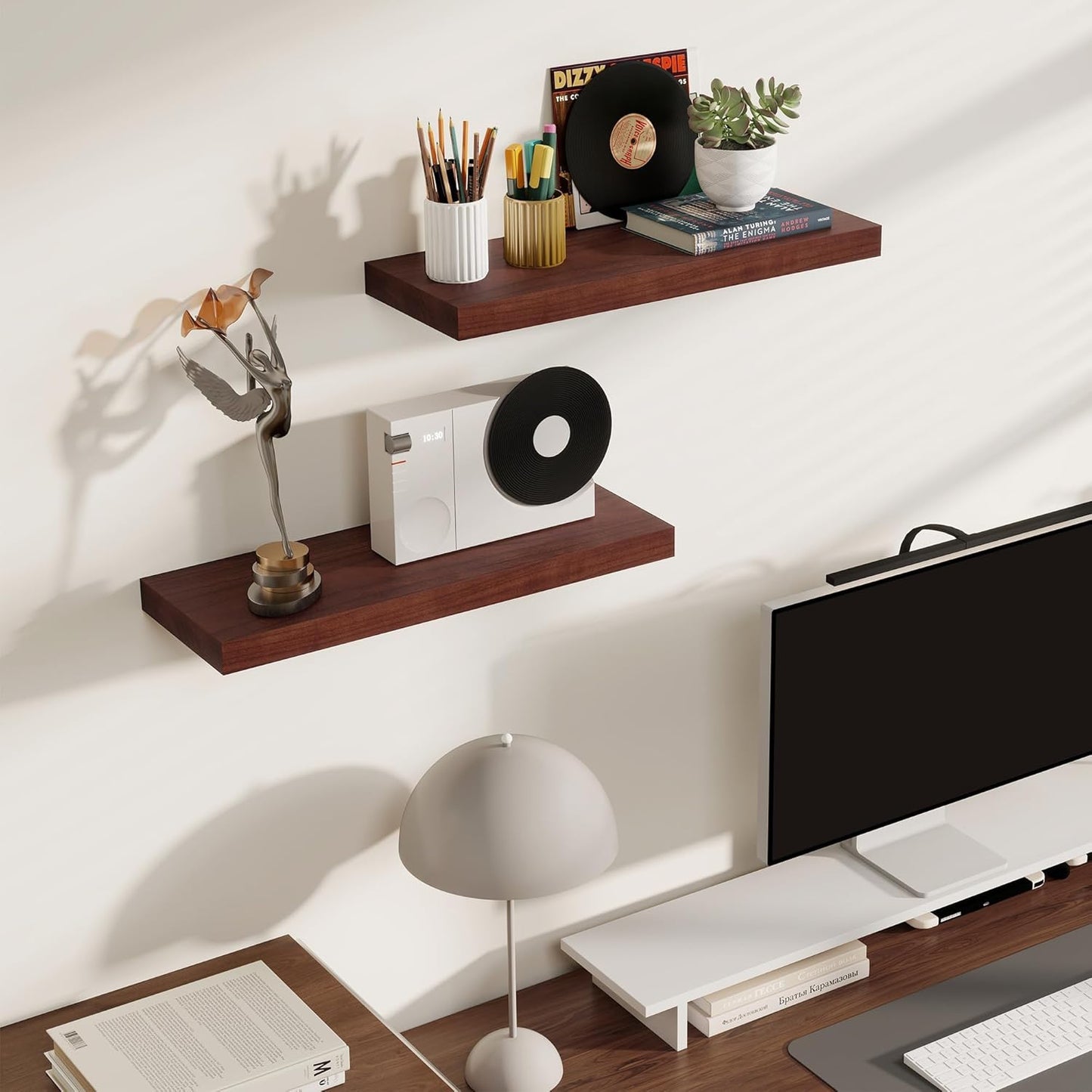 Fun Memories Rustic Floating Shelves for Home Decor, 8 Inch Deep Floating Shelf, Solid Wood Floating Wall Shelves 24 Inch Long, Deep Wall Shelves for Bathroom, Living Room, Walnut Finsh, Set of 2