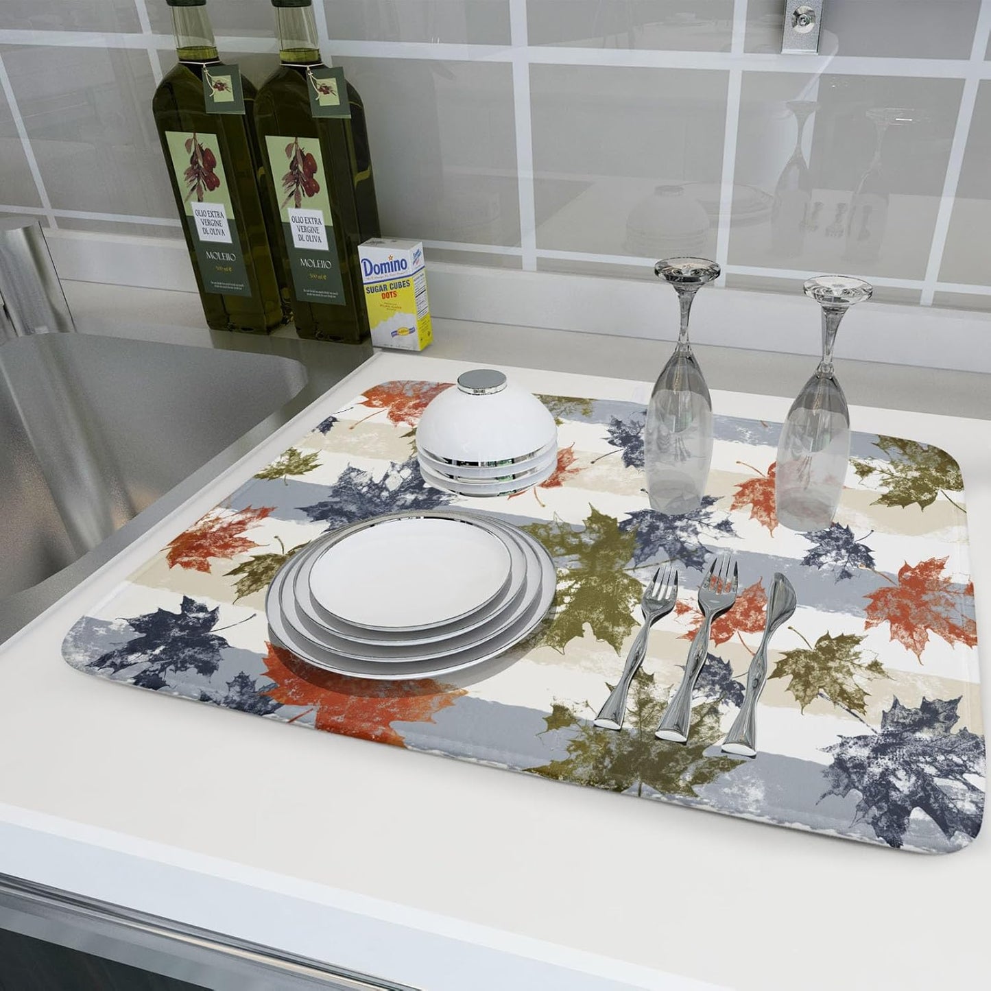 Autumn Colorful Maple Leaves Dish Drying Mat for Kitchen Counter,Blue and White Stripe Drying Mat 18 x 24 Inch with Absorbent Reversible Microfiber Dish Drying Pad Dish Rack Drainer Mat for Coffee Bar