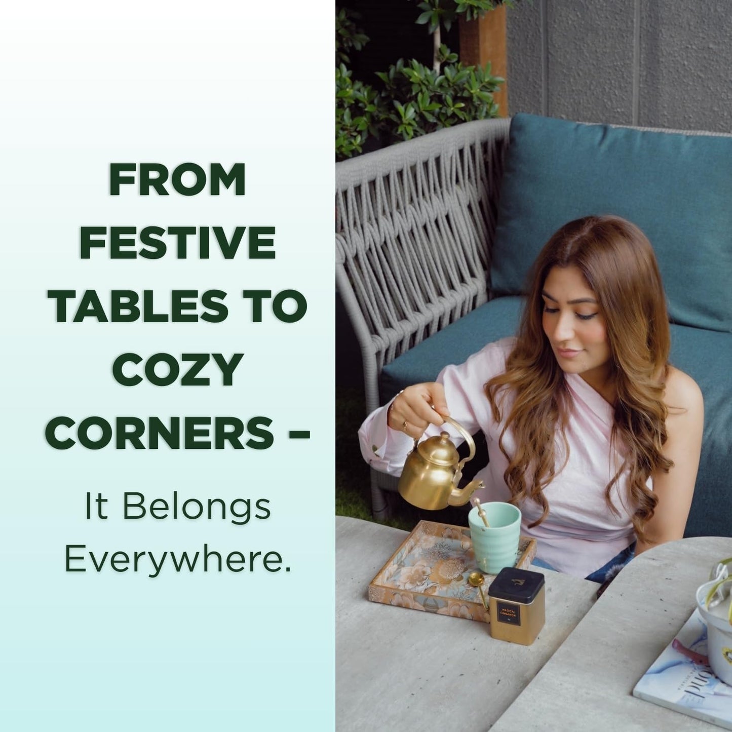 CHAYAM Luxury Tea Gift Set |10 Assorted Tea Bags, Magical Cinnamon 50g, 2 Cups & Brass Strainer | Assorted Gift Box Hamper