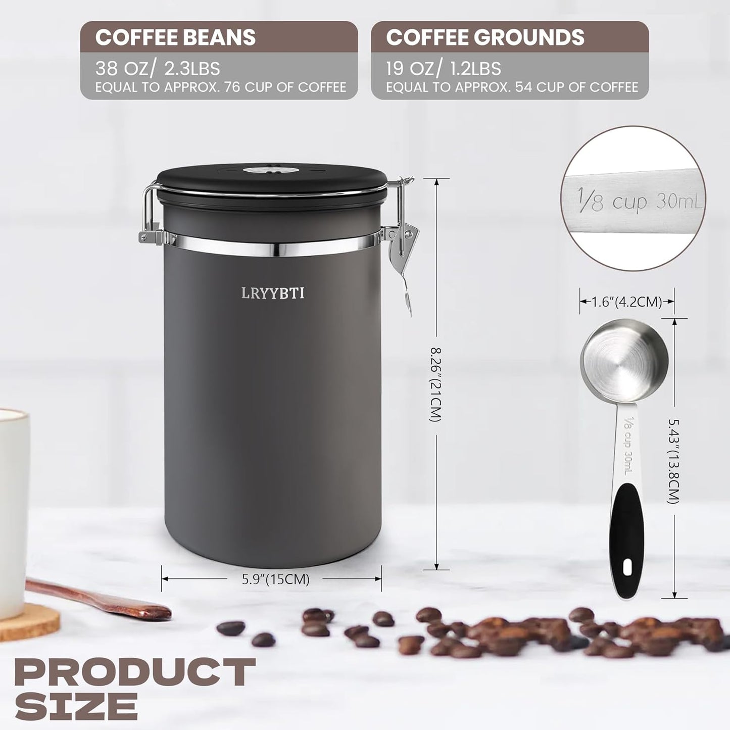 38oz Airtight Coffee Canister,Stainless Steel Coffee Bean Storage Container with Scoop Date Tracker & CO2 Release Valve for Beans, Grounds and more- Gray