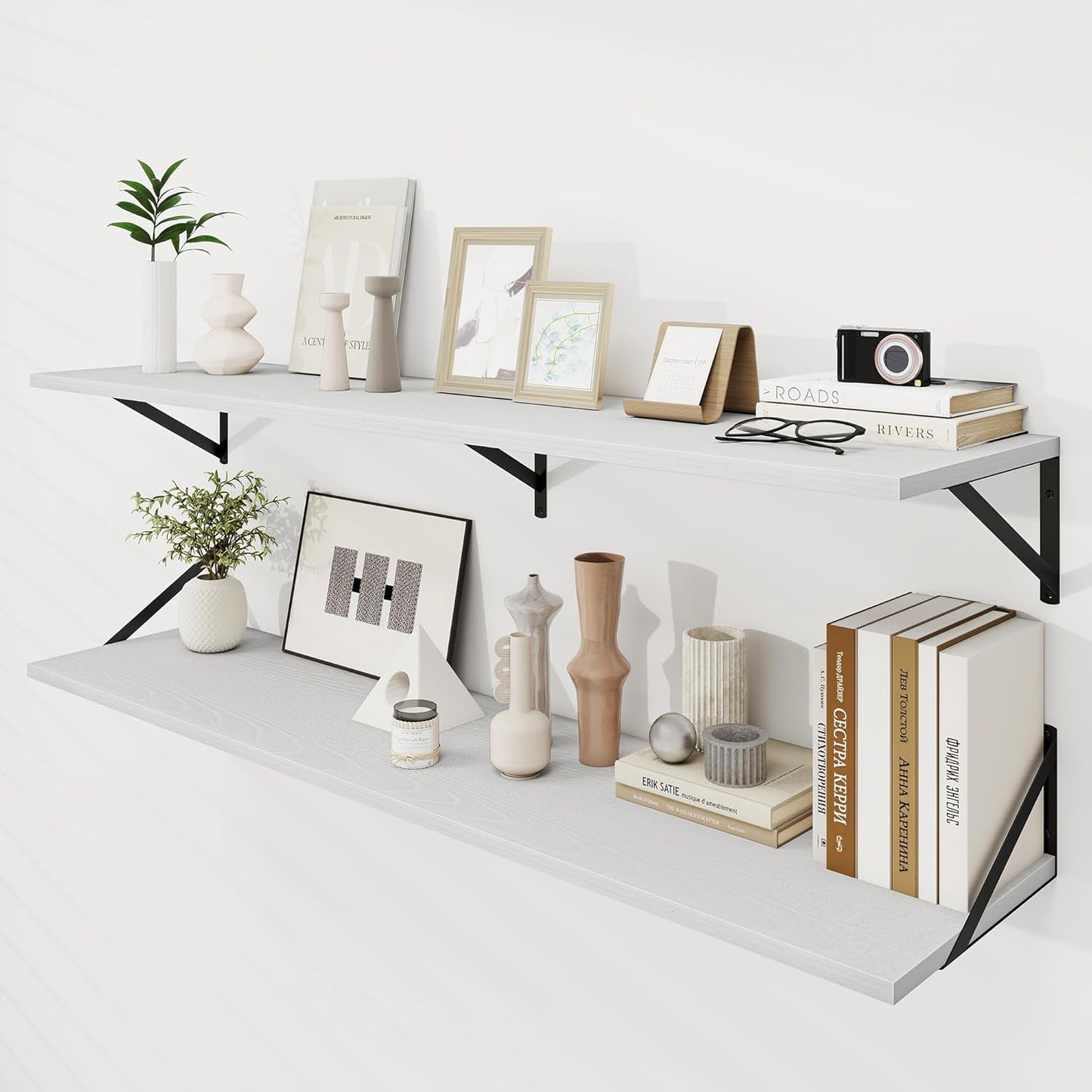 Dreamland Floating Shelves for Wall, 12 Inch Deep Floating Shelves Set of 2, 55W x 12D Large Wall Shelf with Sturdy Metal Brackets for Living Room, Bathroom, Bedroom and Kitchen, White