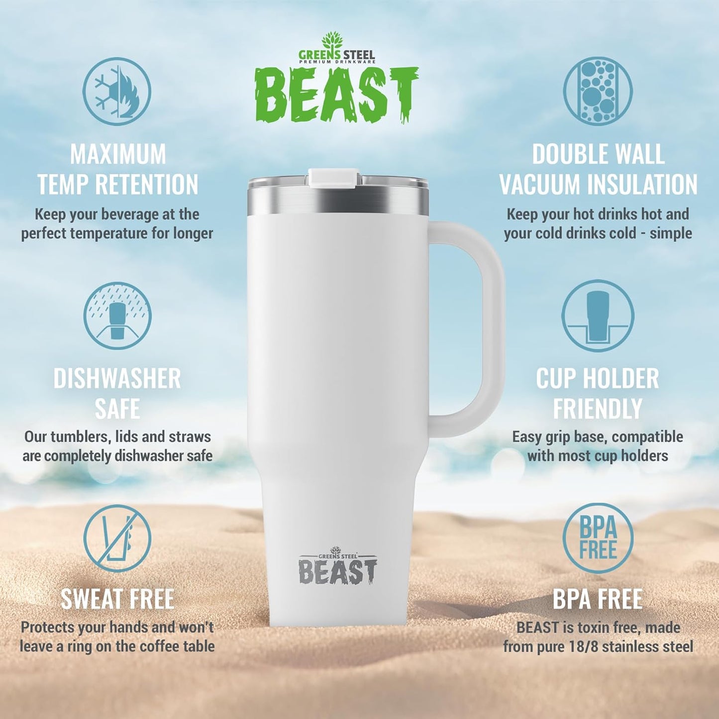 Beast 42 oz Tumbler Stainless Steel Vacuum Insulated Coffee Ice Cup Double Wall Travel Flask (Arctic White)