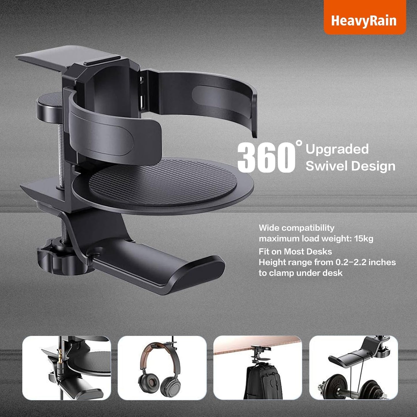 HeavyRain Gaming Cup Holder - 3.58" Universal Drink Mount with 33lb Strong Clamp, Dual Mount Modes & Anti-Spill Design for PC Gamers (Black, HRZ221B)