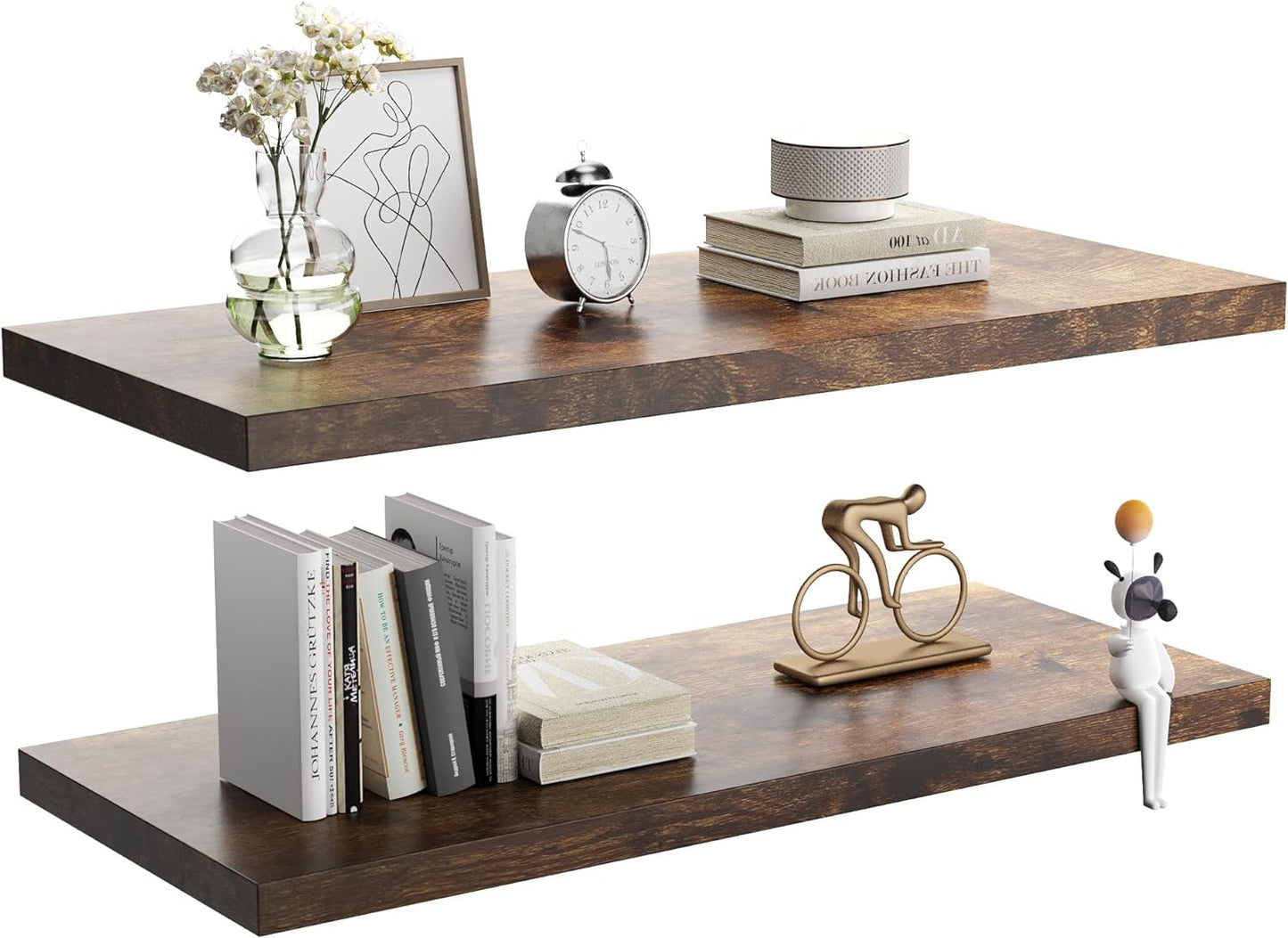 Wall Shelf Set of 2, Rustic Brown Floating Shelves 36 in W x 10 in D x 1 in H, Wooden Floating Wall Shelf with Invisible Brackets for Living Room/Bedroom/Bathroom/Kitchen Storage and Decor