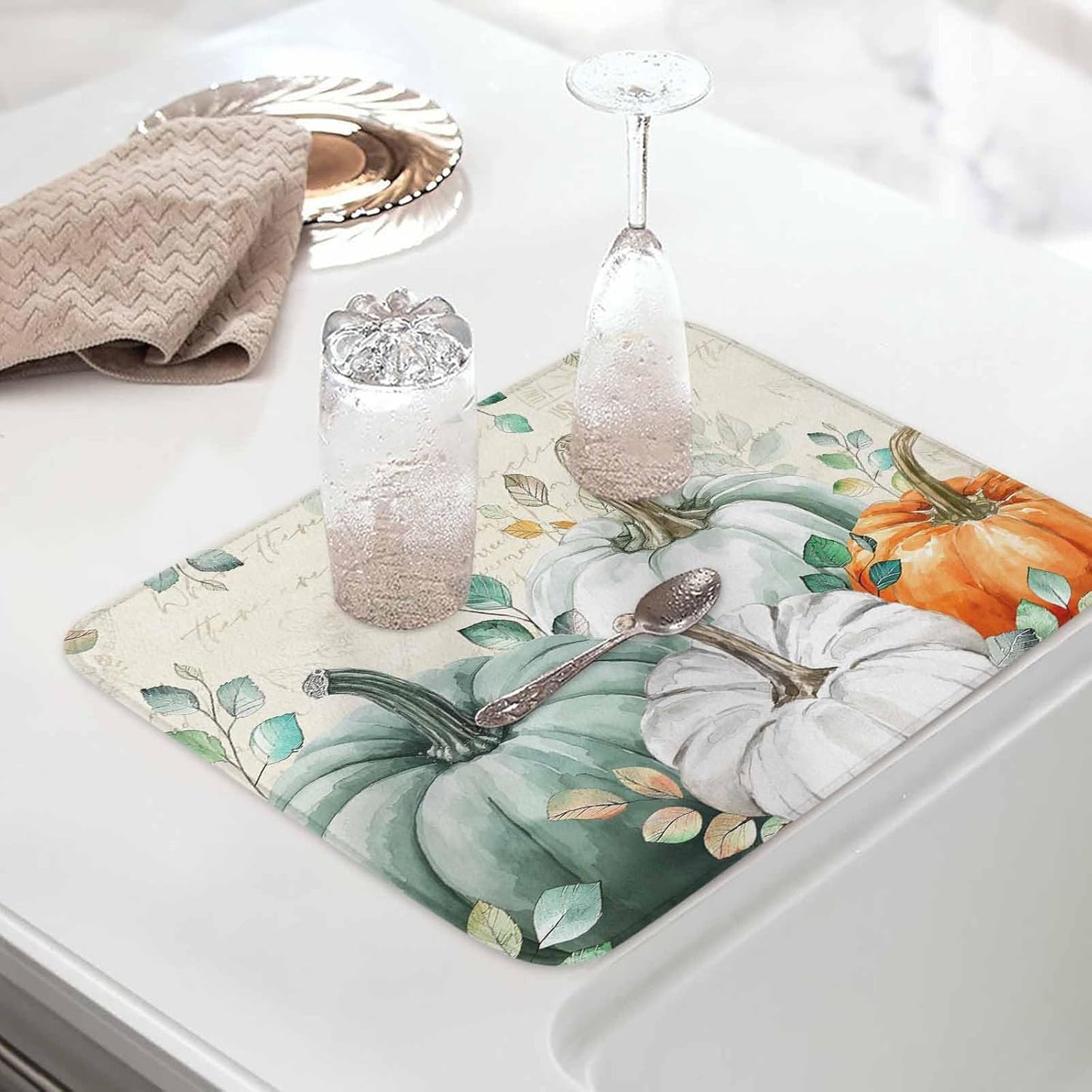 Fall Dish Drying Mat for Kitchen Counter Green Pumpkin Drying Pad Absorbent Drying Mats for Countertops Sinks Draining Racks Eucalyptus Leaves Drainer Holiday Harvest Thanksgiving Decorations 18x24