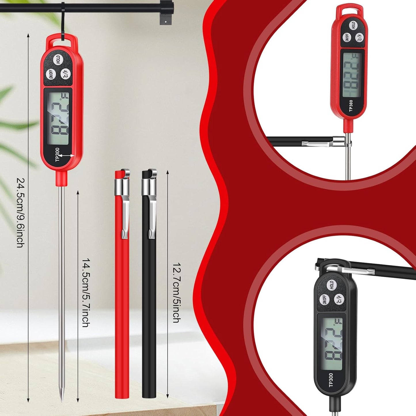 6 Pcs Meat Food Thermometer Food with Probe Water Liquid Instant Read Digital Thermometer Kitchen Cooking Supplies for Cooking BBQ Milk Yogurt (Red,Black)