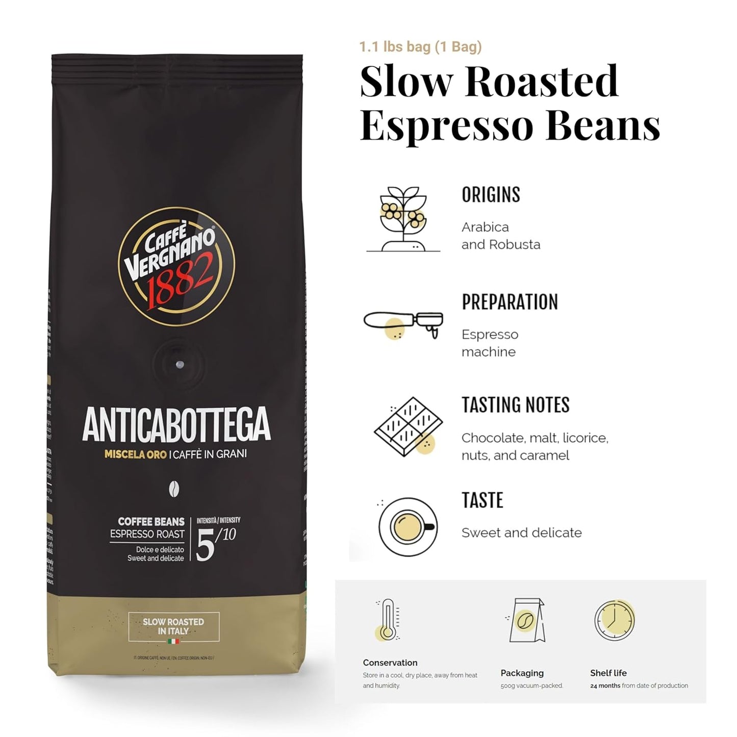 Caffe Vergnano 1882 Antica Bottega Whole Bean Arabica Medium Roast Espresso, 1.1 lbs Bag - Italian Coffee Beans with notes of Chocolate, Nuts & Caramel, Intensity 5/10-500g Bag