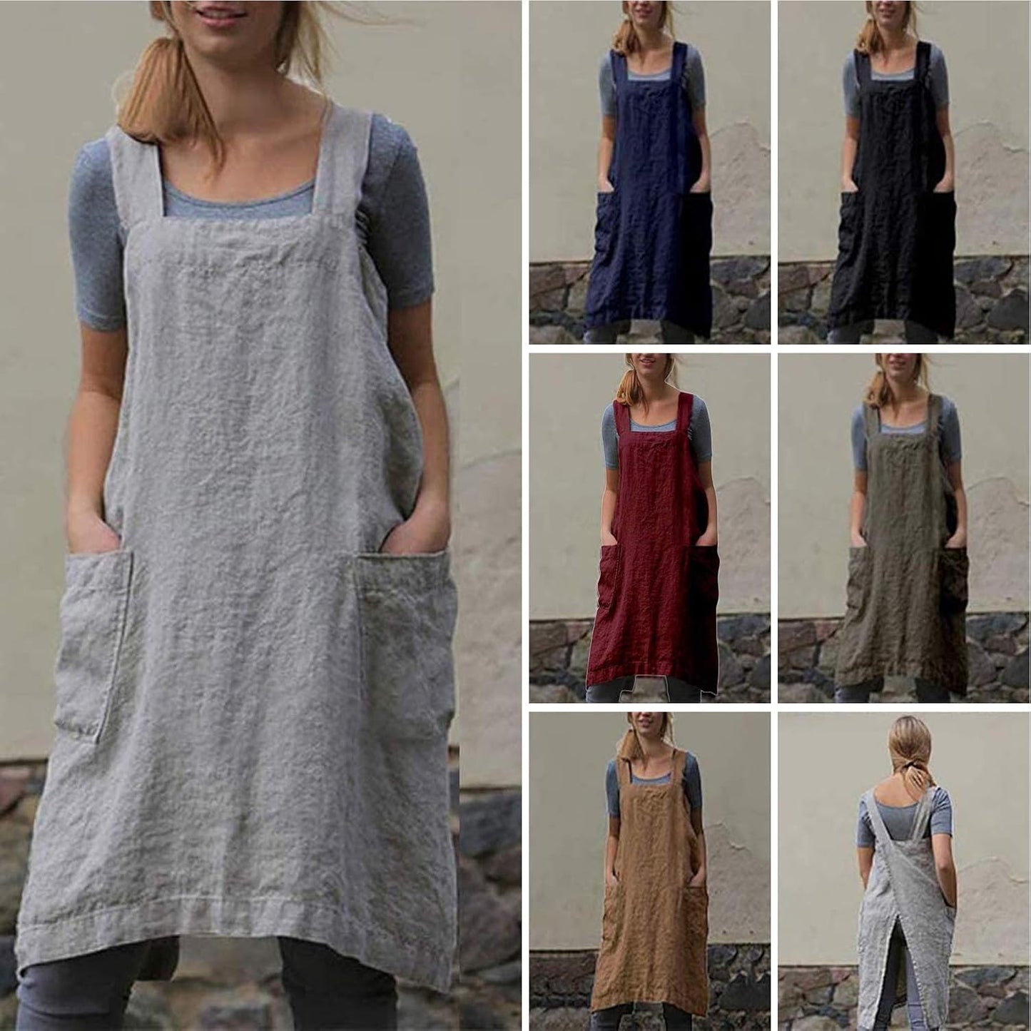 YESDOOD Cotton Linen Apron Cross Back Apron for Women with Pockets Pinafore Dress for Baking Cooking