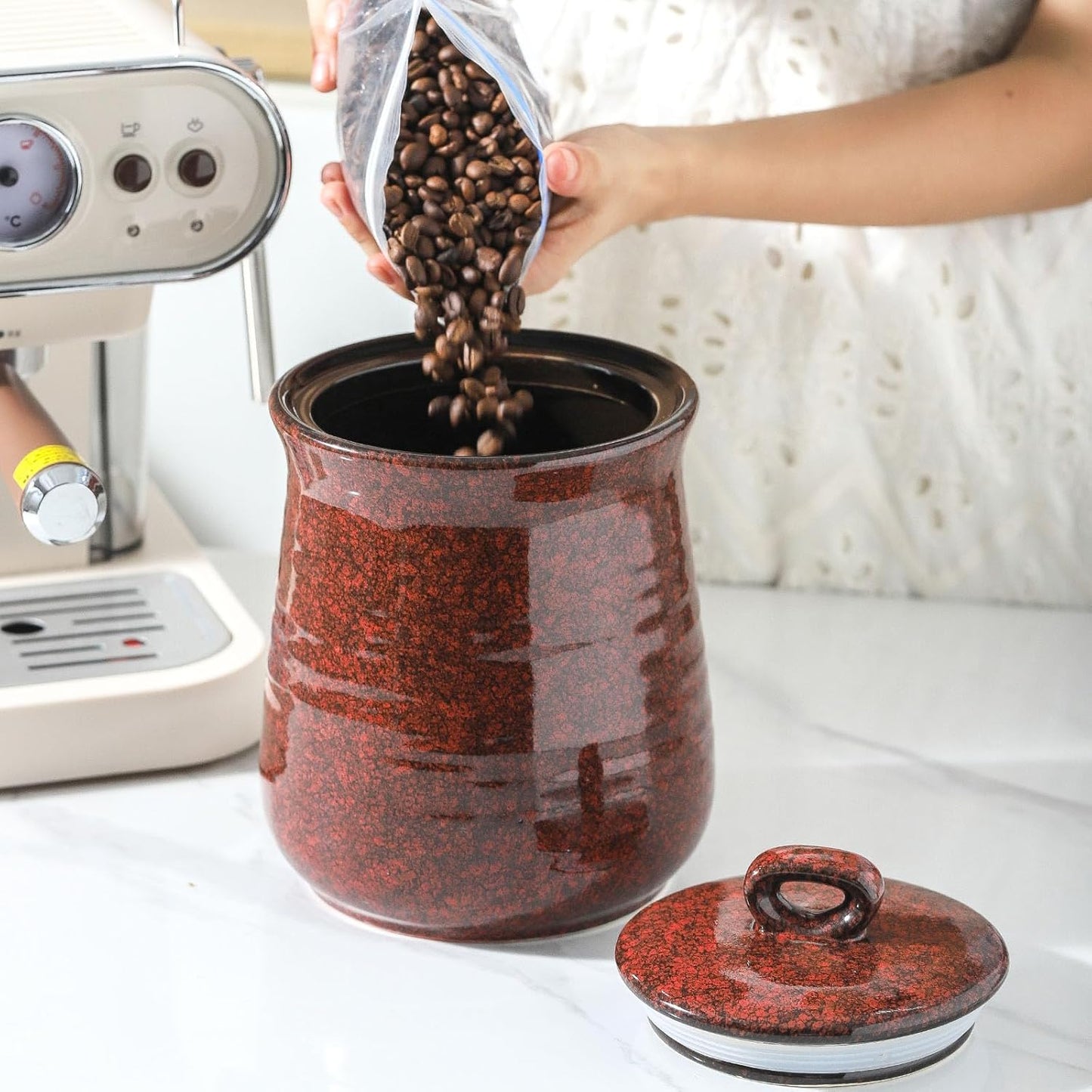 Hasense Coffee Grounds Container with Airtight Lid, Ceramic Food Storge Canister for Kitchen, Large Candy Dish for Countertop, Jar for Tea, Cookies, Sugar, Coffee Bean, 80 FL OZ(Red)