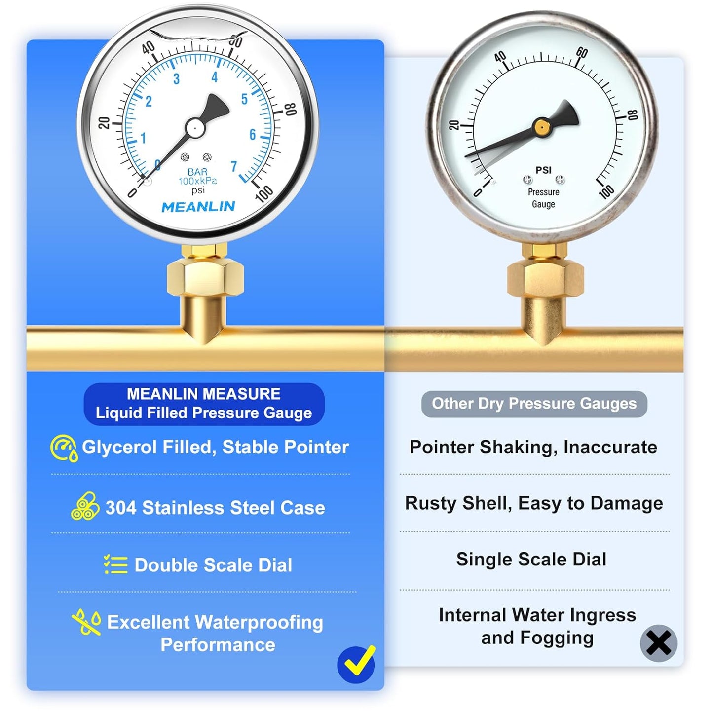 MEANLIN MEASURE 0~100Psi Stainless Steel 1/4" NPT 4" FACE DIAL Liquid Filled Pressure Gauge WOG Water Oil Air Lower Mount, with 1/2" NPT and 3/8" NPT Hex Bushing