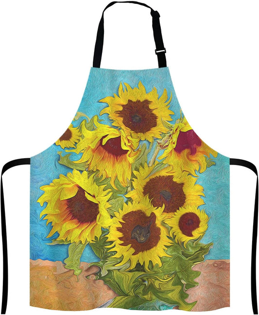Apron, Oil Painting Sunflower Unisex Kitchen Bib with Adjustable Neck for Cooking Gardening,Adult Size