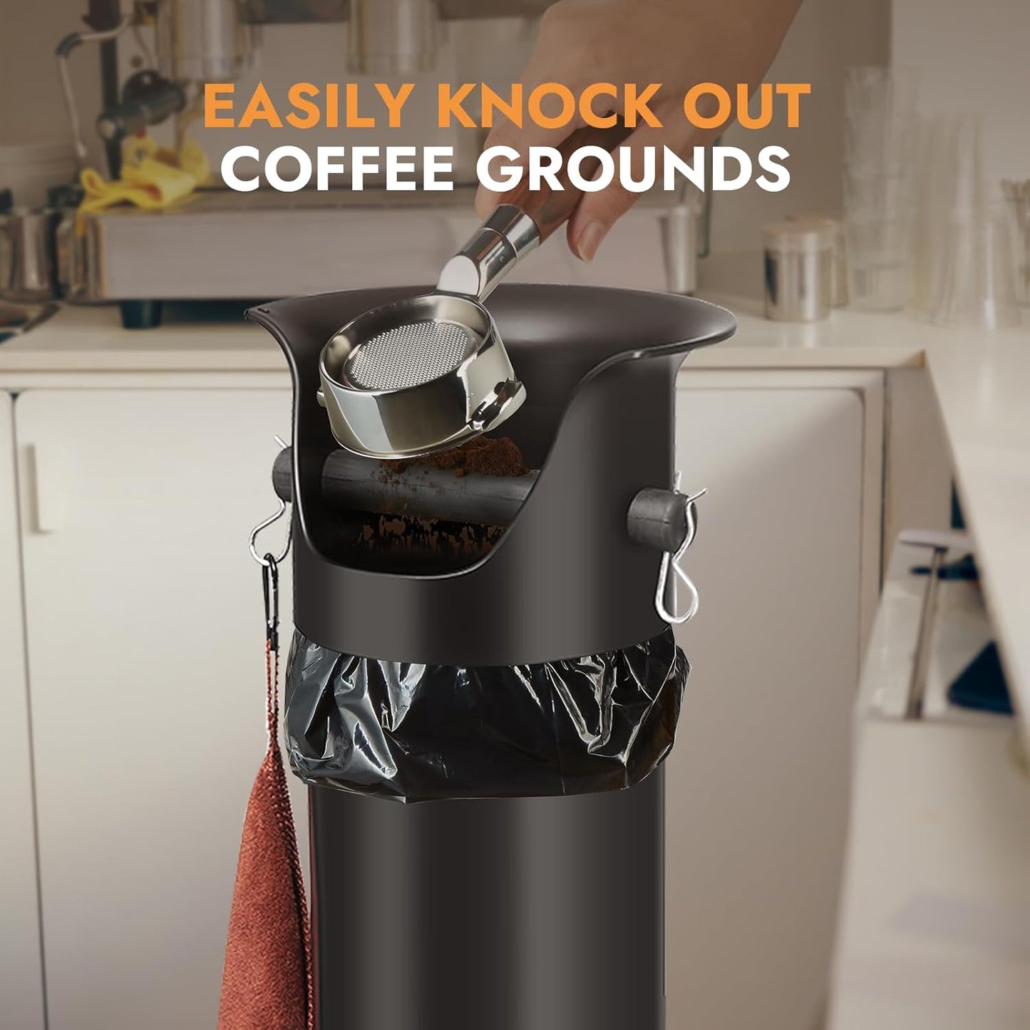 CURTA Espresso Coffee Knock Box with Garbage Bags(30Pcs), Commercial Knock Box for Coffee Grounds, Coffee Shop Kitchen Bar, Black, Extra Large Collection Dump Bin