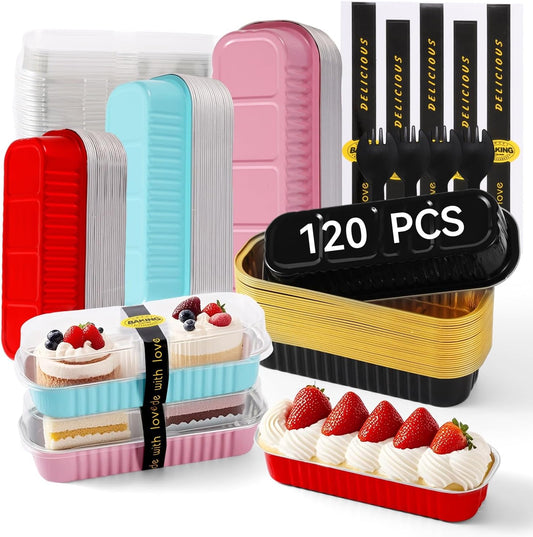 Mini Loaf Pans with Lids and Spoons Sealing Sticker,120 Pcs 6.8oz Cake Pans for Baking Disposable Aluminum Foil Red cake pan (mixed)