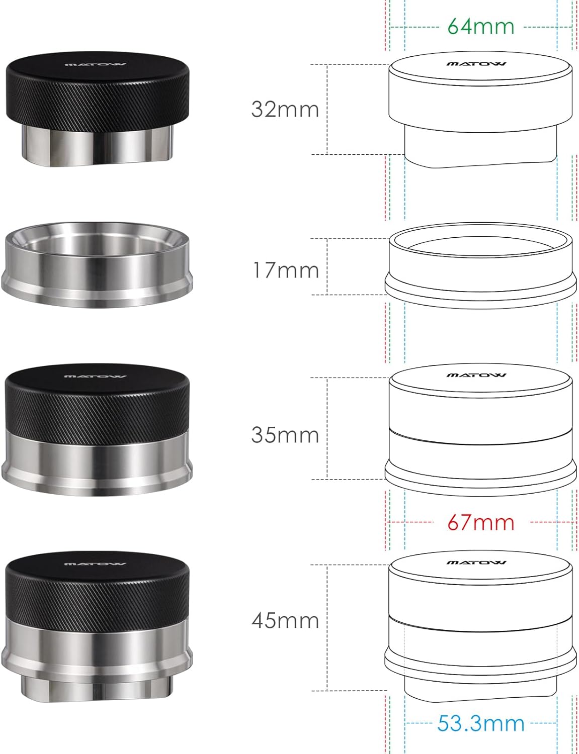 MATOW 2 in 1 Design Gravity Distributor and Magnetic Dosing Funnel Combo, 53.3mm Adaptive Espresso Distributor and 54mm Stainless Steel Dosing Ring Set Compatible with Breville 54mm Portafilter