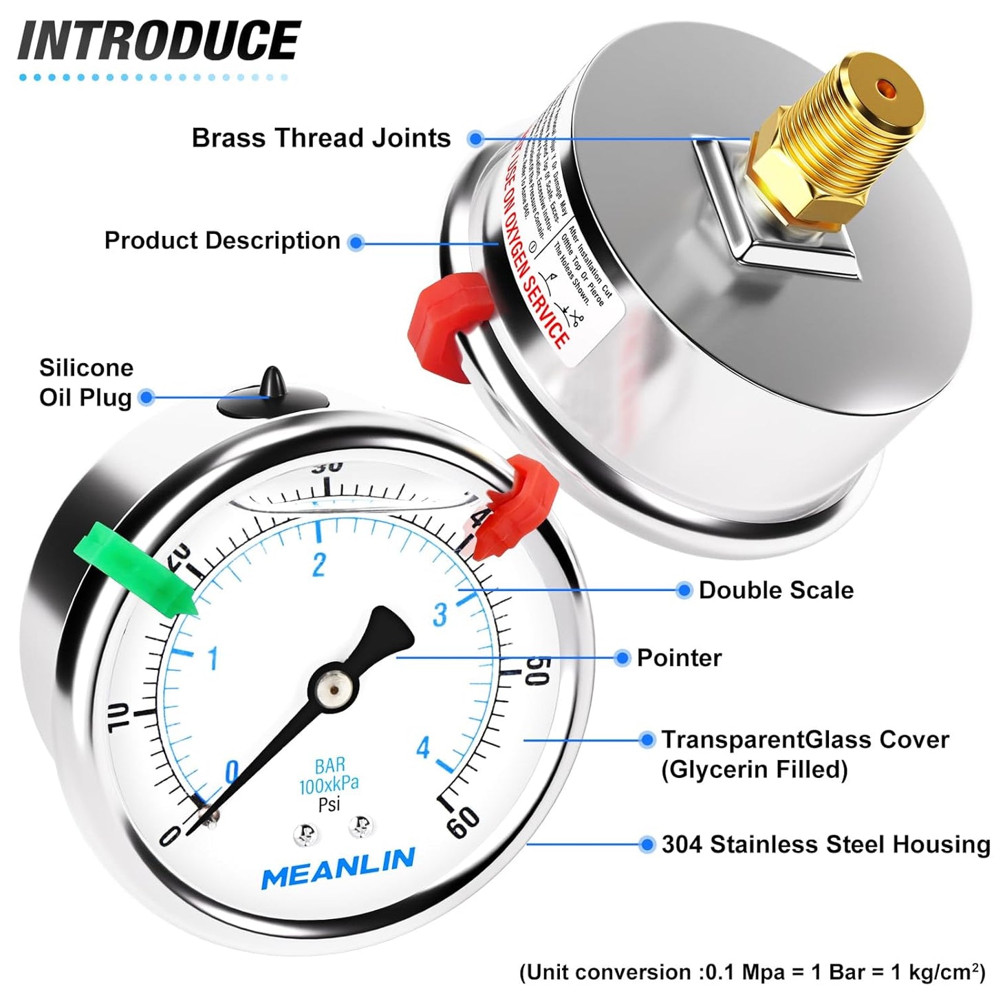 MEANLIN MEASURE 0~60Psi Liquid Filled Pressure Gauge 1/4" NPT 2.5" FACE DIAL Stainless Steel Glycerin Filled WOG Water Oil Air Back Mount (with 2PCS Snaps)