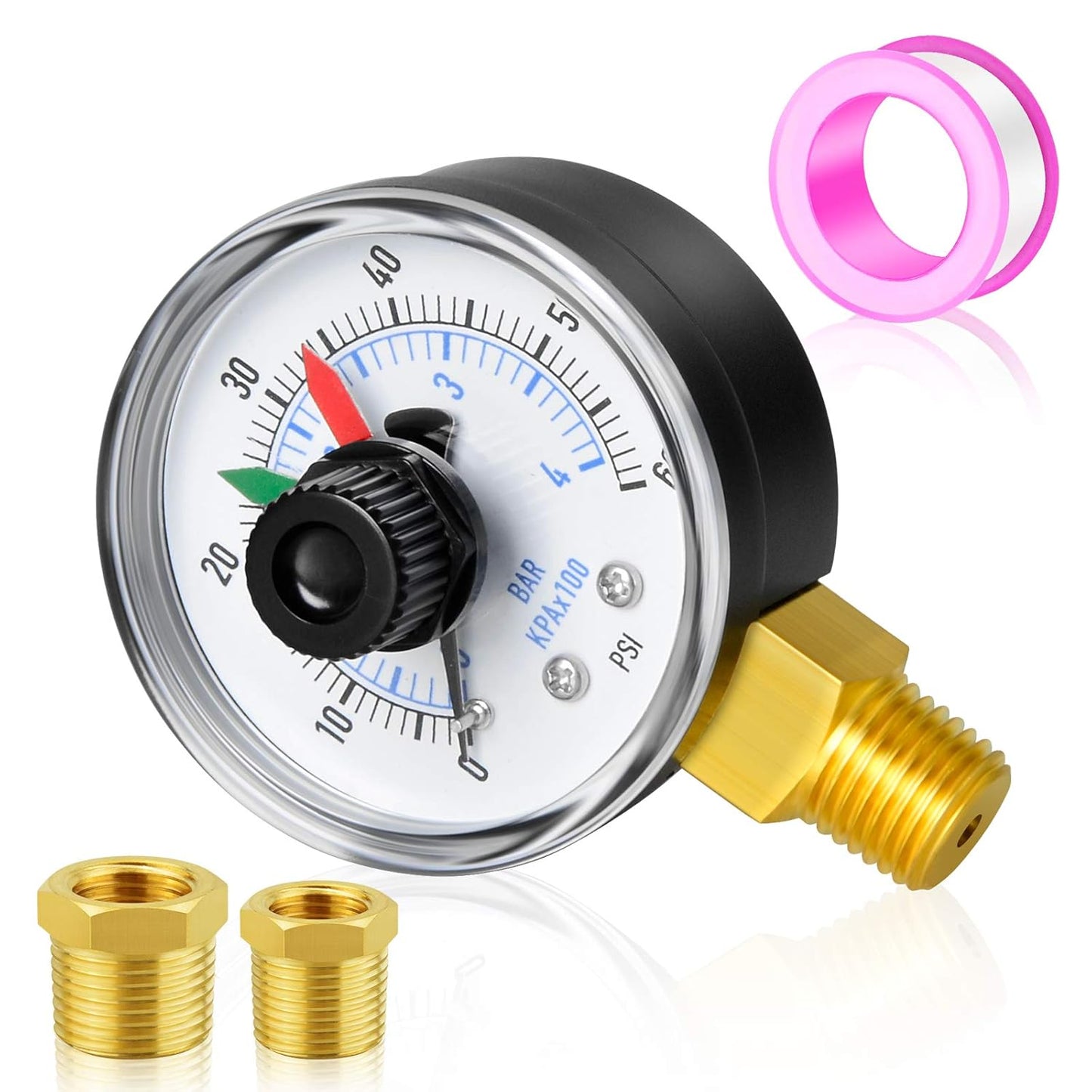 MEANLIN MEASURE 0-60Psi 1/4" NPT Pressure Gauge Box with dial for selecting Filter, 3-2-3% Accuracy, Lower Mount, with 1/2" NPT and 3/8" NPT Hex Bushing