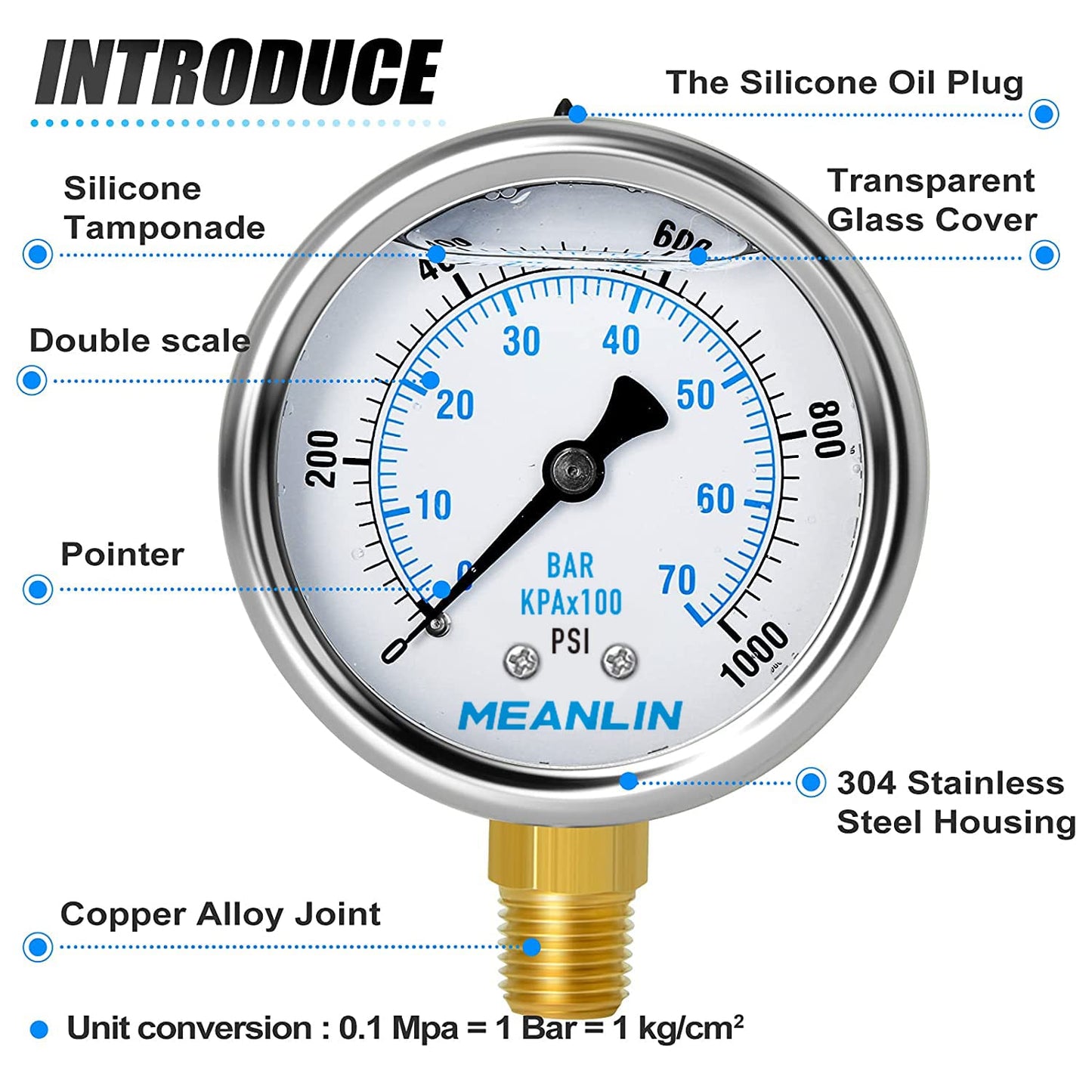 MEANLIN MEASURE 0~1000Psi Stainless Steel 1/4" NPT 2.5" FACE DIAL Liquid Filled Pressure Gauge WOG Water Oil Air Lower Mount, with 1/4" x 1/2" NPT and 1/4" x 3/8" NPT Hex Bushing