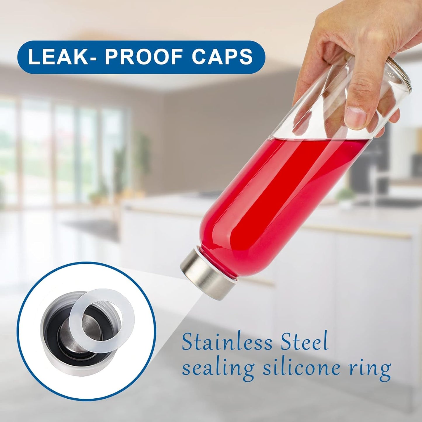 Clear Glass Bottles with Lids 18 oz, Reusable Glass Water Bottles with Stainless Steel Cap for Juicing,Refrigerator,100% Leak Proof, BPA Free, Juice Water Bottle Set of 12