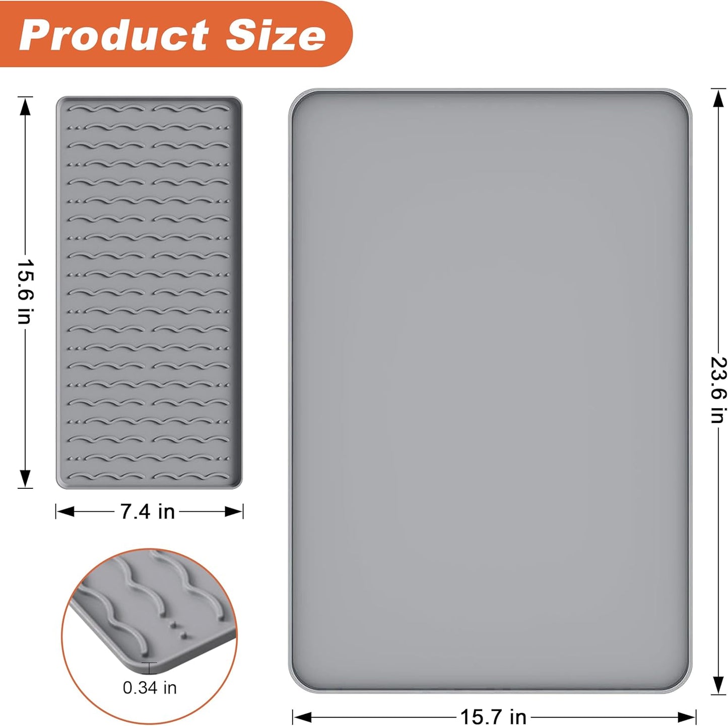 Silicone Coffee Mat, 24 x 16 Inch Non-Slip Heat Resistant, Large and Small Combination Bar Mat, Convex Edge Spill Resistant Design for Coffee Machines and Kitchen Countertops,Wavy Gray
