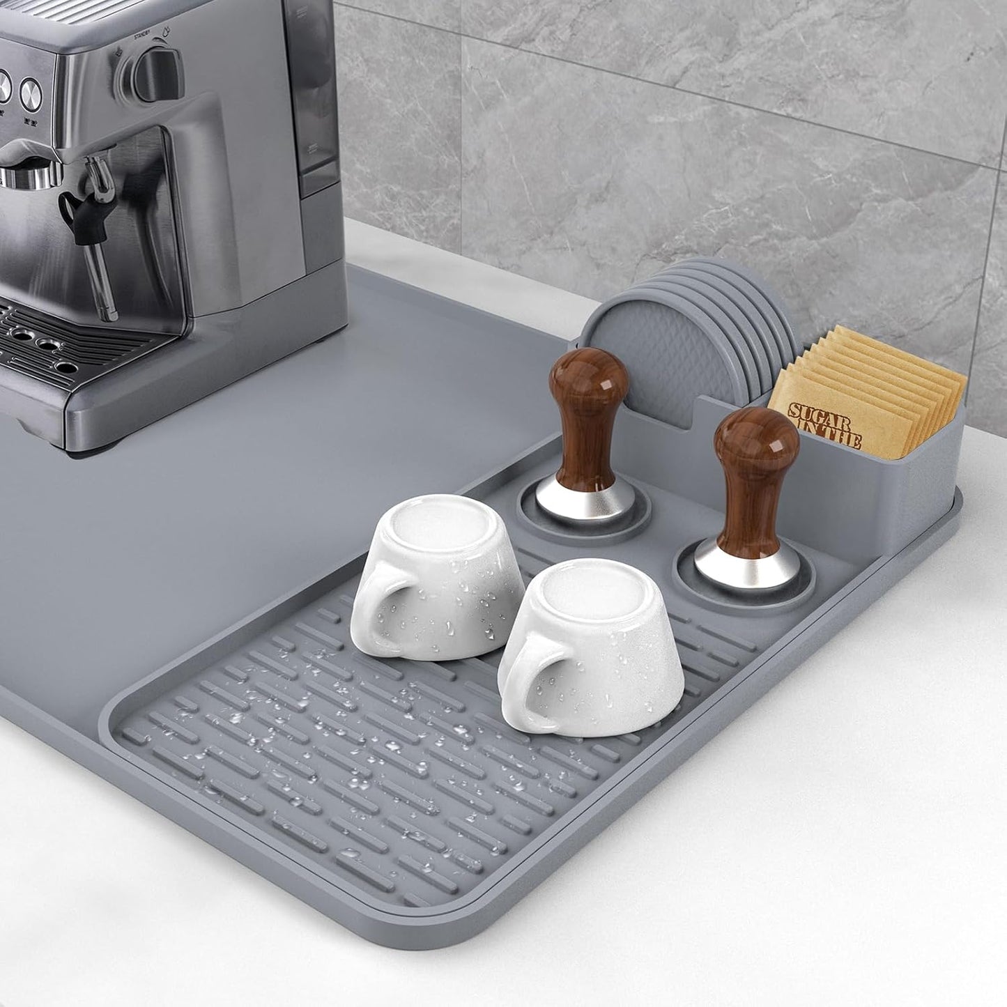 Silicone Coffee Mat with 6PCS Coasters,24''x16'' Kitchen Bar Accessories Fits Under Coffee Maker and Pot,Espresso Machine,Detachable Dish Drying Mat for Tamper,Sugar Packets,Cups,Countertop Protection