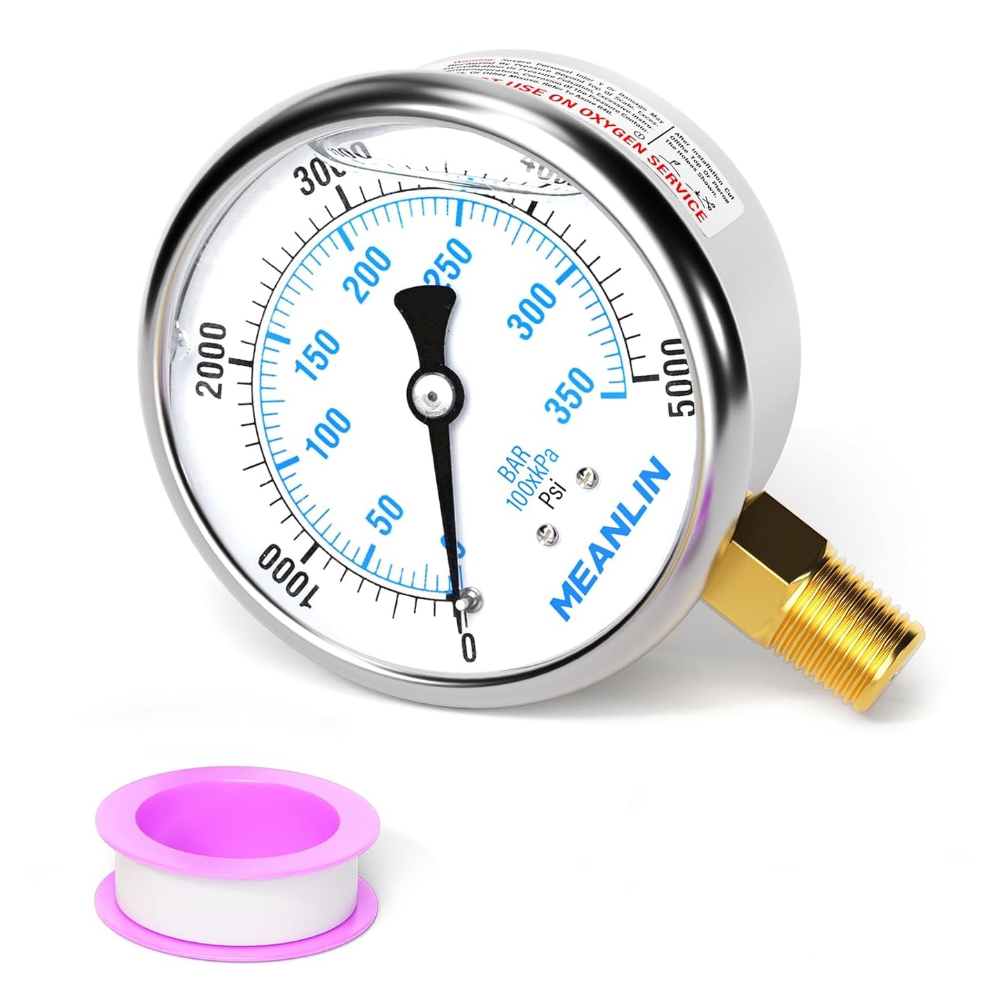 MEANLIN MEASURE 0~5000Psi Liquid Filled Pressure Gauge 1/4" NPT 2.5" FACE DIAL Stainless Steel Glycerin Filled WOG Water Oil Air Lower Mount (with 2PCS Snaps)