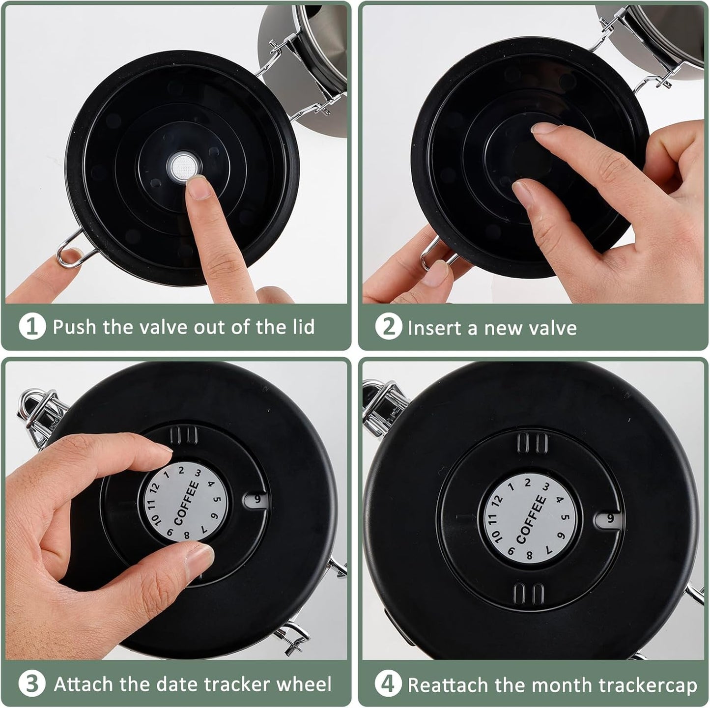 4PCS Coffee Storage Canister 1.5L Double Airtight Coffee Beans Container with Date Locator 304 Stainless Steel Kitchen Food Storage Container with Spoon for Tea Sugar,Black