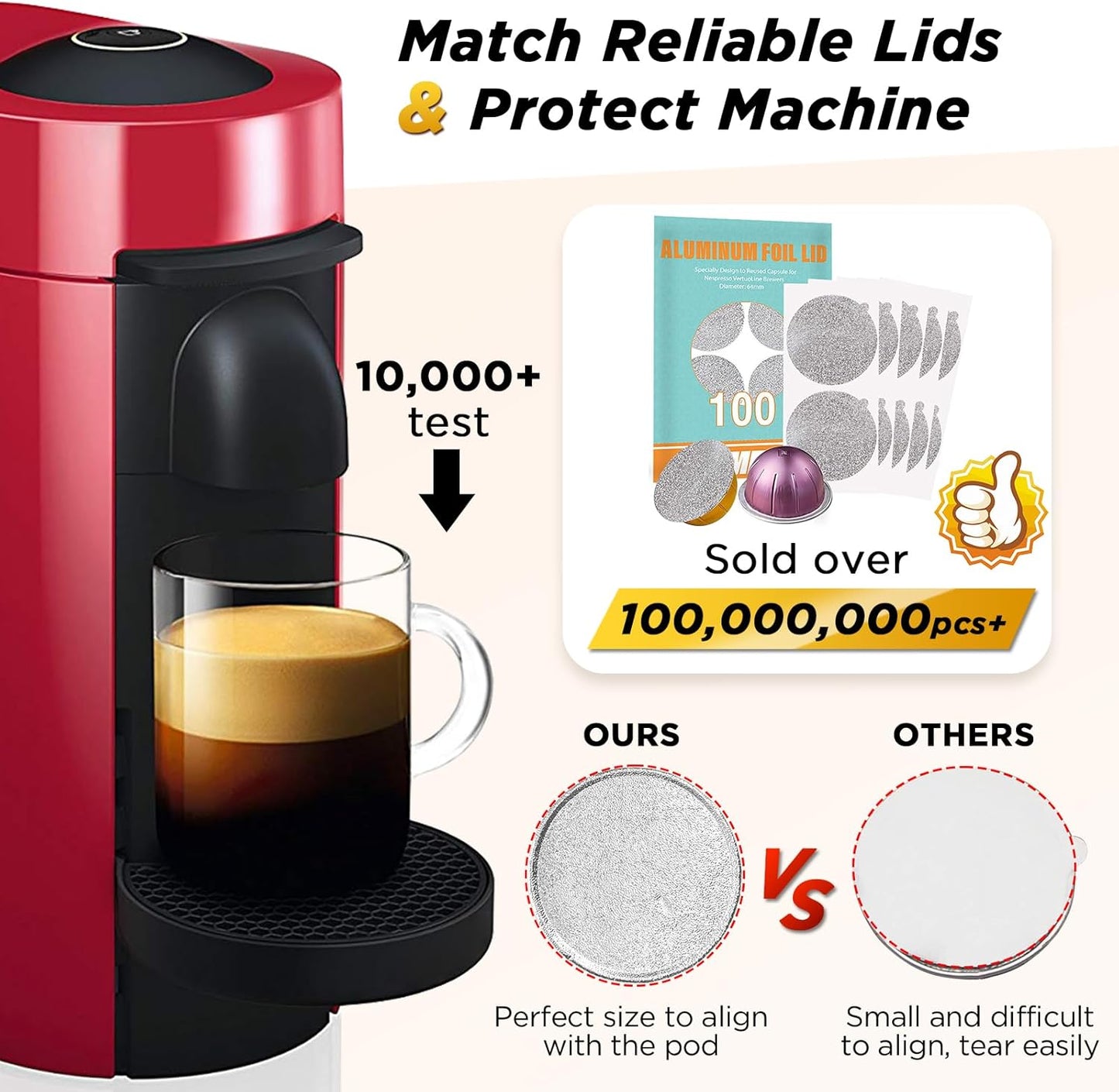 CAPMESSO Reusable Vertuo Pod Refill Kit, Faster Seal Reusable Nespresso Vertuo Pods with Fill & Press Brush,100pcs Aluminum Foil Lids for Refillable Nespresso Pods Vertuo