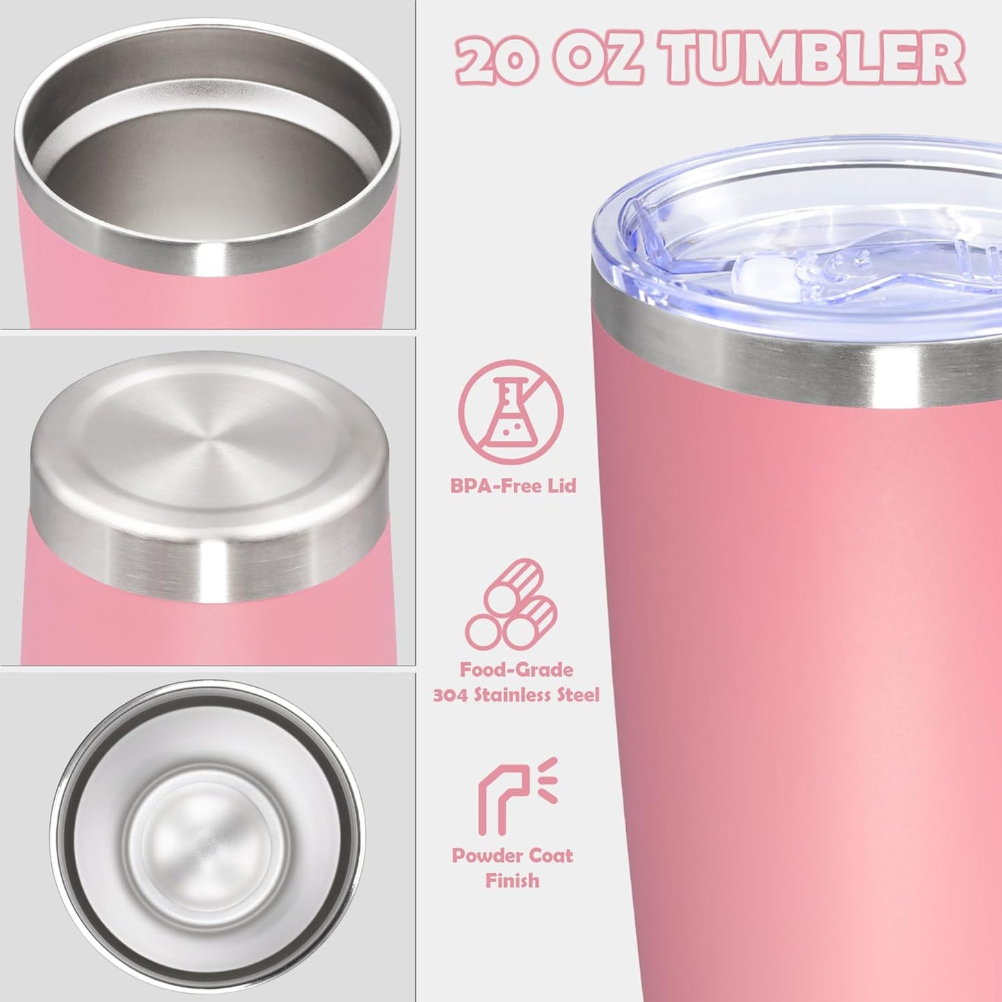 20oz Tumbler Bulk Stainless Steel Tumbler Cup with Lid Vacuum Insulated Double Wall Travel Mug, Durable Powder Coated Travel Coffee Tumbler Mug for Hot & Cold Drinks, Pink,12 Pack