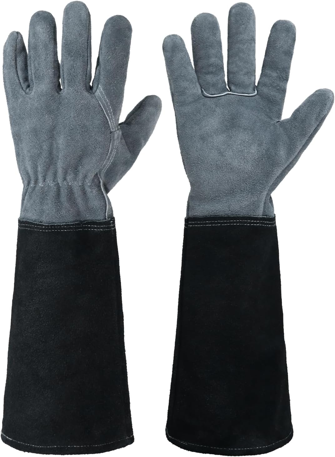 HANDLANDY Long Gardening Gloves for Men & Women, Cowhide Leather Rose Pruning Gloves, Breathable Thorn Proof Gauntlet Glove (Dark Grey-Black, L)