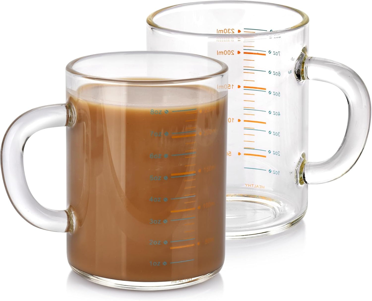 2 Piece Expresso shots cup,Glass measuring cup,8 Oz Glass Measuring Cup,Tea Glass Cups withHandles,Glass Coffee Cups for Latte(Colorful-2pcs)