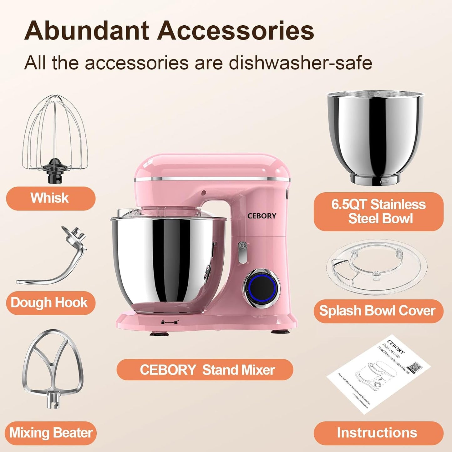 3-IN-1 Electric Stand Mixer, 6.5QT Bowl 660W 10-Speed Kitchen Mixer, Household Food Mixers include Dough Hook, Beater and Whisk, Bread Cake Mixer for Baking and Most Home Cooks, Pink
