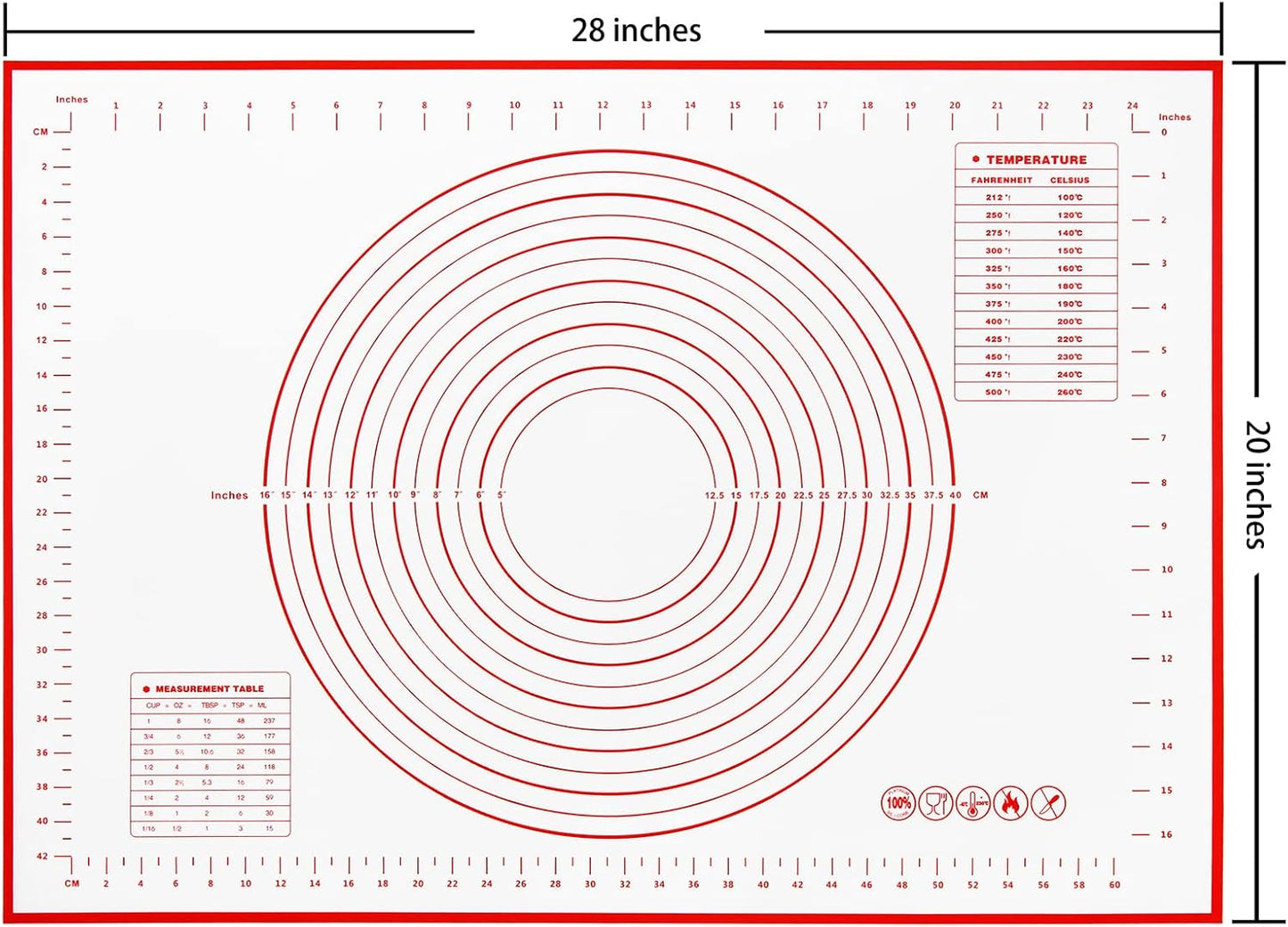 Yansumi Silicone Pastry Mat Extra Large Non-Slip Mat for Rolling Dough Pie Crust and Baking Non-Stick with Measurements(XL,28"L x 20"W, Red)