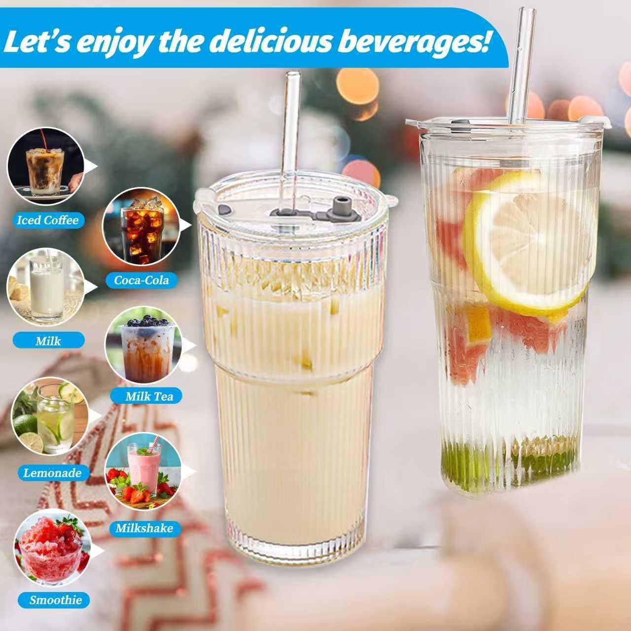 20 oz Glass Tumbler with Lid and Straw, Clear Ribbed Iced Coffee Cup, High Borosilicate Glass Tumbler, Reusable Vintage Glassware for Iced Coffee, Smoothies, Cocktails, and Juices