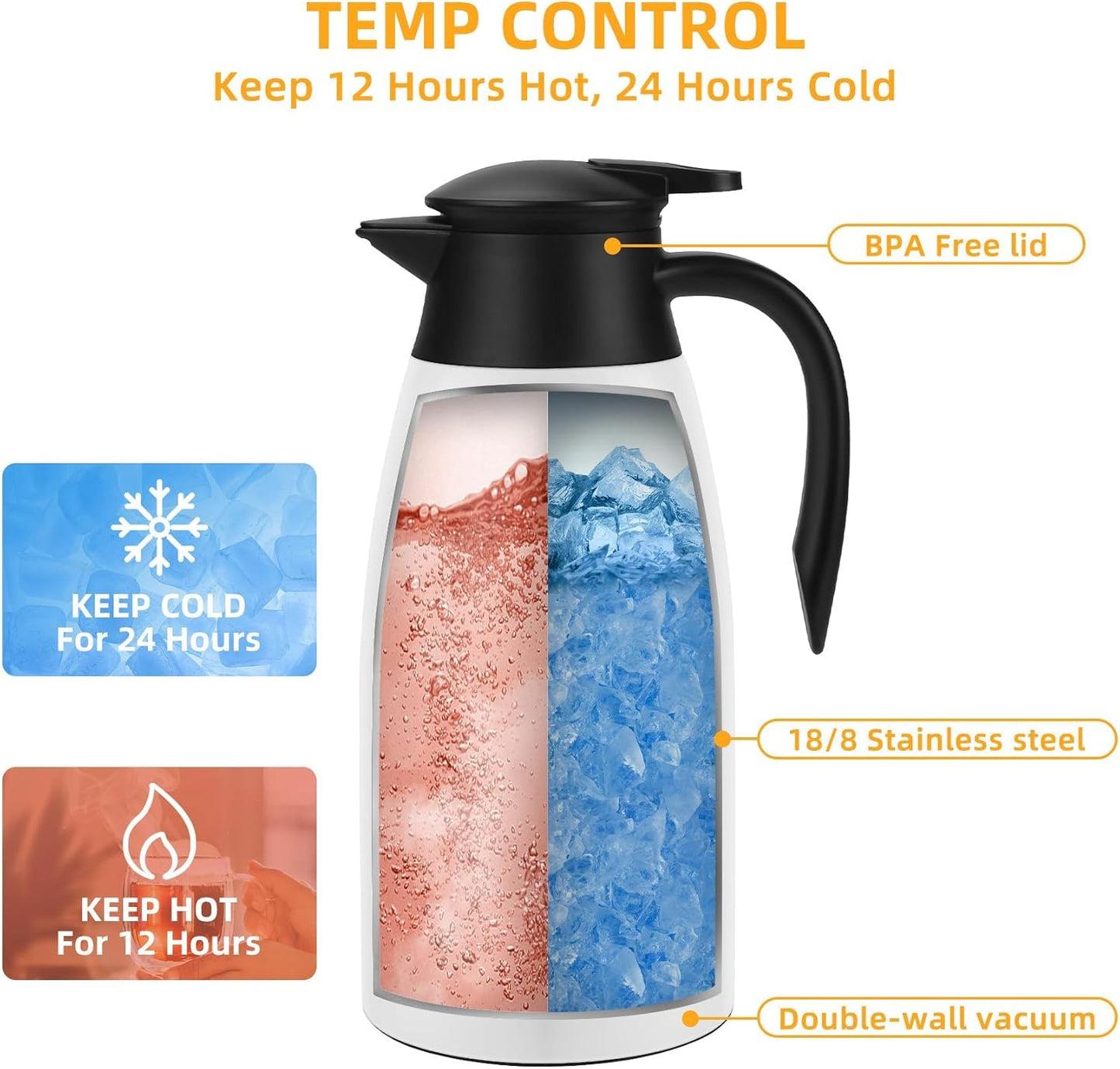 68oz Thermal Coffee Carafe, 2 Pack Airpot Insulated Coffee Urns Stainless Steel Vacuum Thermal Pot Dispenser for Coffee, Hot Water, Tea, Hot Beverage - Keep 12 Hours Hot, 24 Hours Cold (White)