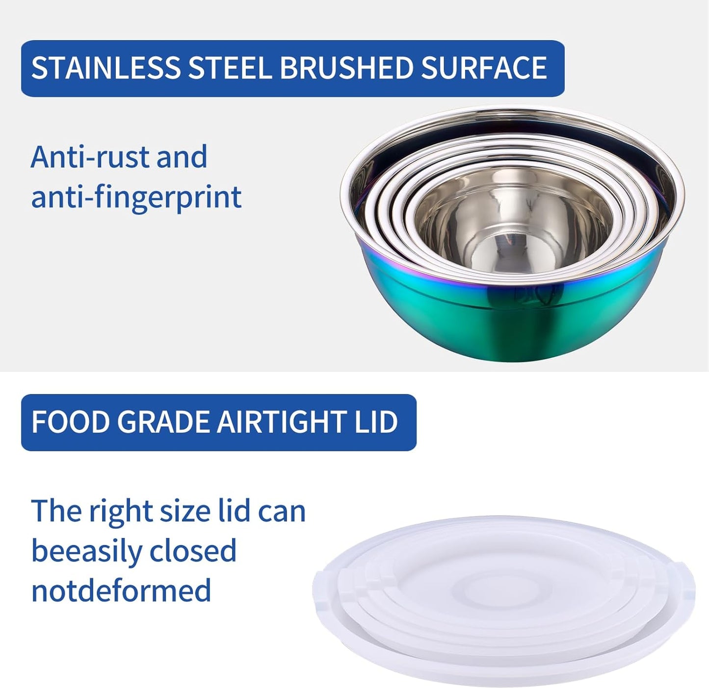 Rainbow Mixing Bowls With Airtight Lids,Stainless Steel Bowl,Salad Bowls 5 Piece Colorful Nesting Bowl Rainbow Kitchen Accessories,Size 5.5,3.6,2.7,2.1,1.5,QT Stackable Design