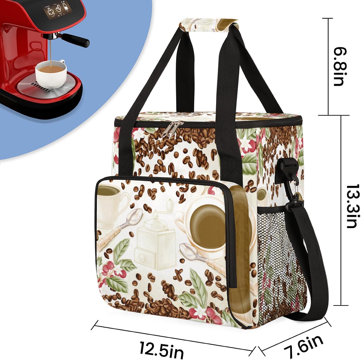 Watercolor Coffee Bean Coffee Maker Carring Bag Cafe Travel Carrying Storage Tote Bag Compatible with Keurig K-Mini or K-Mini Plus Portable Single Serve Coffee Brewer Case with Pockets for K-cup Pods