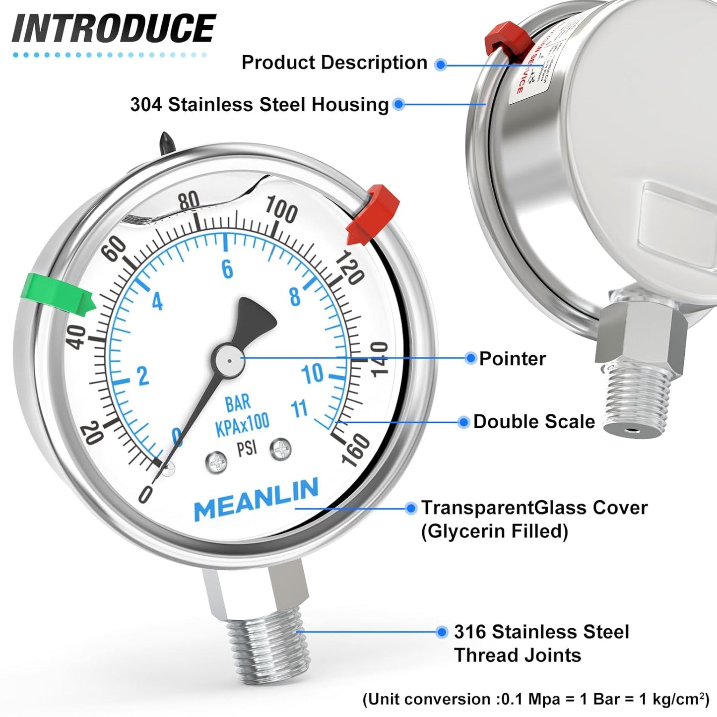 MEANLIN MEASURE 0~160Psi Stainless Steel Liquid Filled Pressure Gauge 2.5"FACE DIAL 1/4"NPT for Air Compressor RV Regulator Water Pressure Tester Lower Mount with Stainless Steel Hex Bushing and Snaps