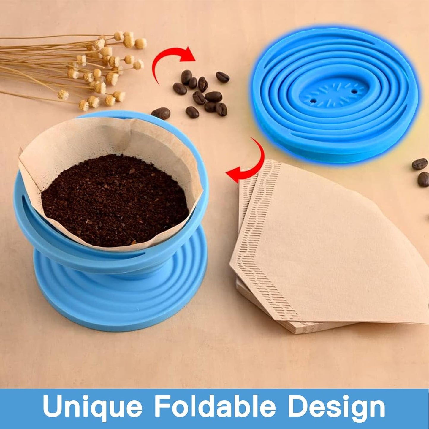 Collapsible Pour Over Coffee Dripper Set - Silicone Reusable Cone Filter Holders with 100Pcs Paper Filters - For Home, Camping, Travel, Office (1, Blue)