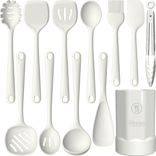 Thickened Silicone Kitchen Utensils Set, 600°F Heat Resistant Silicone Cooking Utensils, Spatula, Spoon, Whisk, Tongs, Kitchen Gadgets for Nonstick Cookware, Dishwasher Safe BPA Free (Cream White)