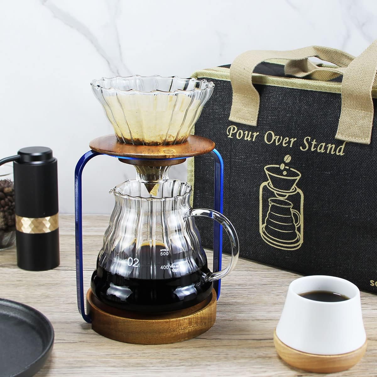 SOTECH Pour Over Coffee Dripper Stand with Metal Stand Wooden Filter Holder Glass Server with Paper Coffee Filters, Coffee Maker Stand Set for Coffee Tea and Saffron