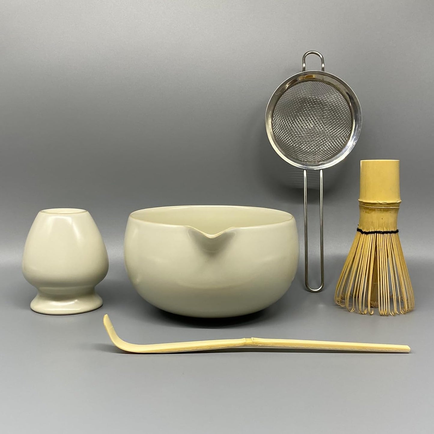 Matcha Whisk Set – 5 Pcs Matcha Set Whisk and Bowl with Spout, Bamboo Scoop, Sifter & Holder – Ru Kiln Matcha Bowl Japanese Tea Kit for Gifts, Home Use & Ceremonial Rituals (White)