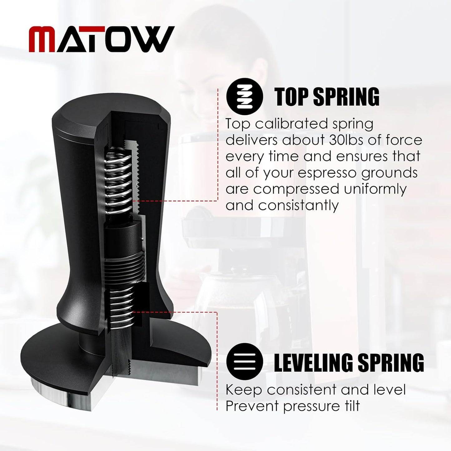 58.5mm Espresso Hand Tamper, Dual Calibrated Spring Loaded Coffee Tamper with Stainless Steel Flat Base, Pro-barista 30lbs Espresso Tamper with Anodized Aluminum Handle Fits 58mm Portafilter