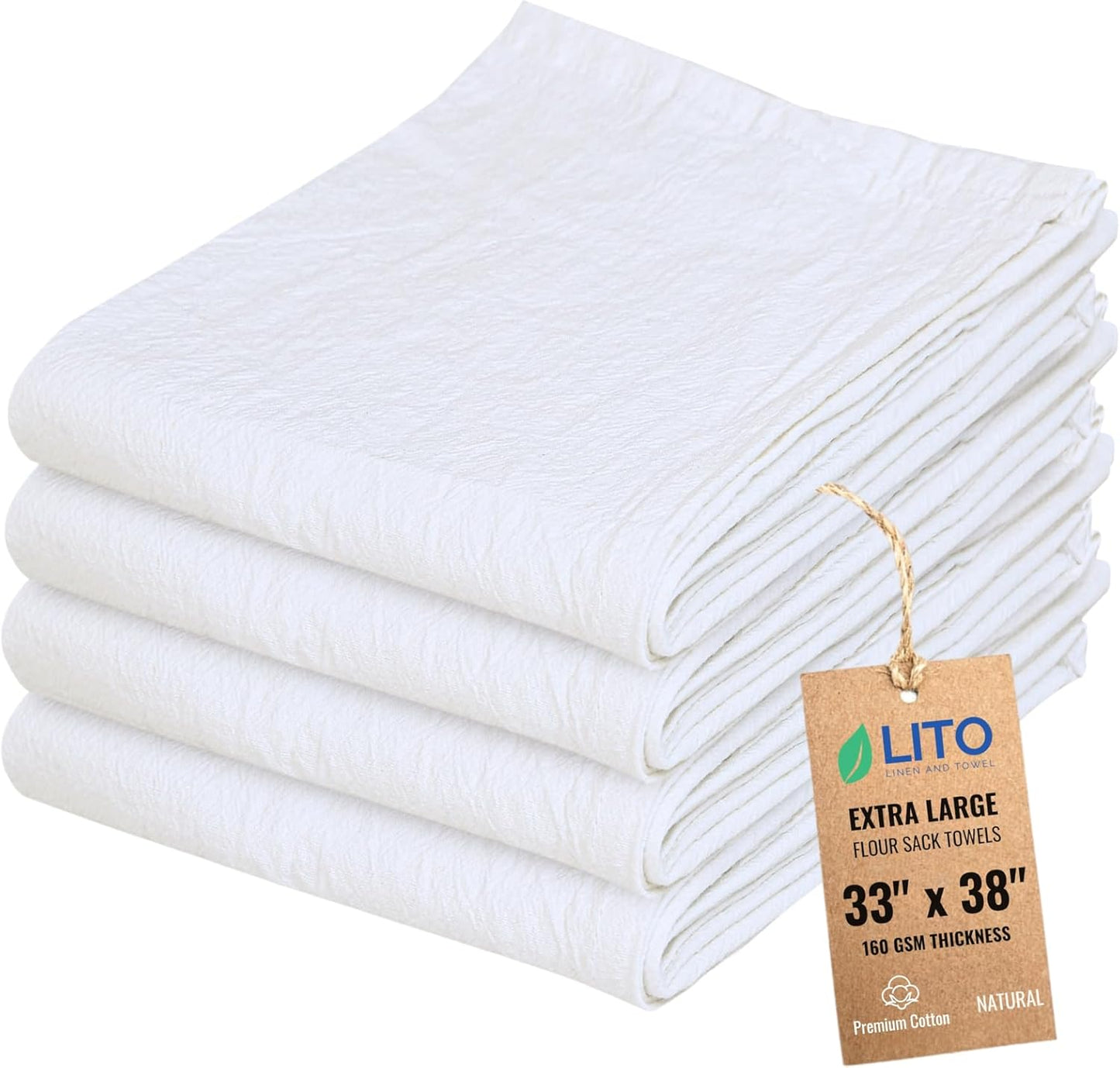 Flour Sack Towels | Tea Towel for Crafts| Kitchen Dish Cotton Blank Towel for Embroidery| Baking Bread Proofing Linen Cover| Thick Absorbent Quick Dry| 4 Pack 33"x38" Natural