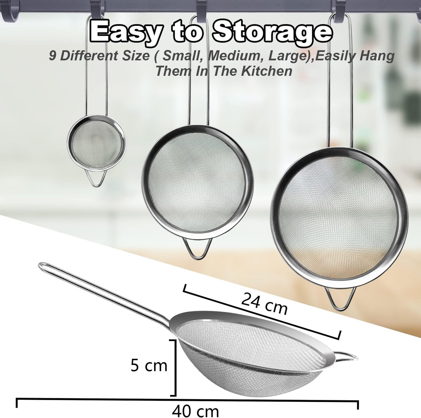 Anaeat Fine Mesh Strainers - Premium Stainless Steel Colander Sieve Sifters, with Durable Mesh and Sturdy Handle, Excellent for Sifting Dry ingredients, Flour, Pastas, Rice, Tea (9.45"）