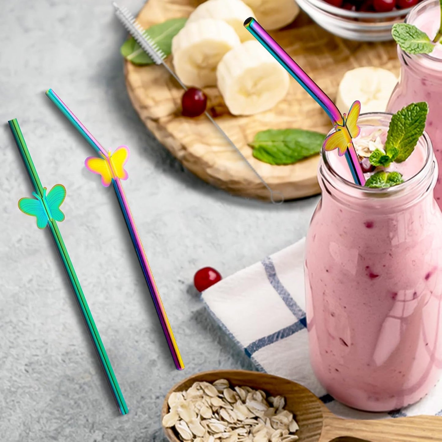 8 Pack 8" Reusable Stainless Steel Metal Straws Colorful, 4 Straight + 4 Bent Metal Drinking Straws for Tumblers Beverage Drink with Butterfly Charms and 1 Cleaning Brush