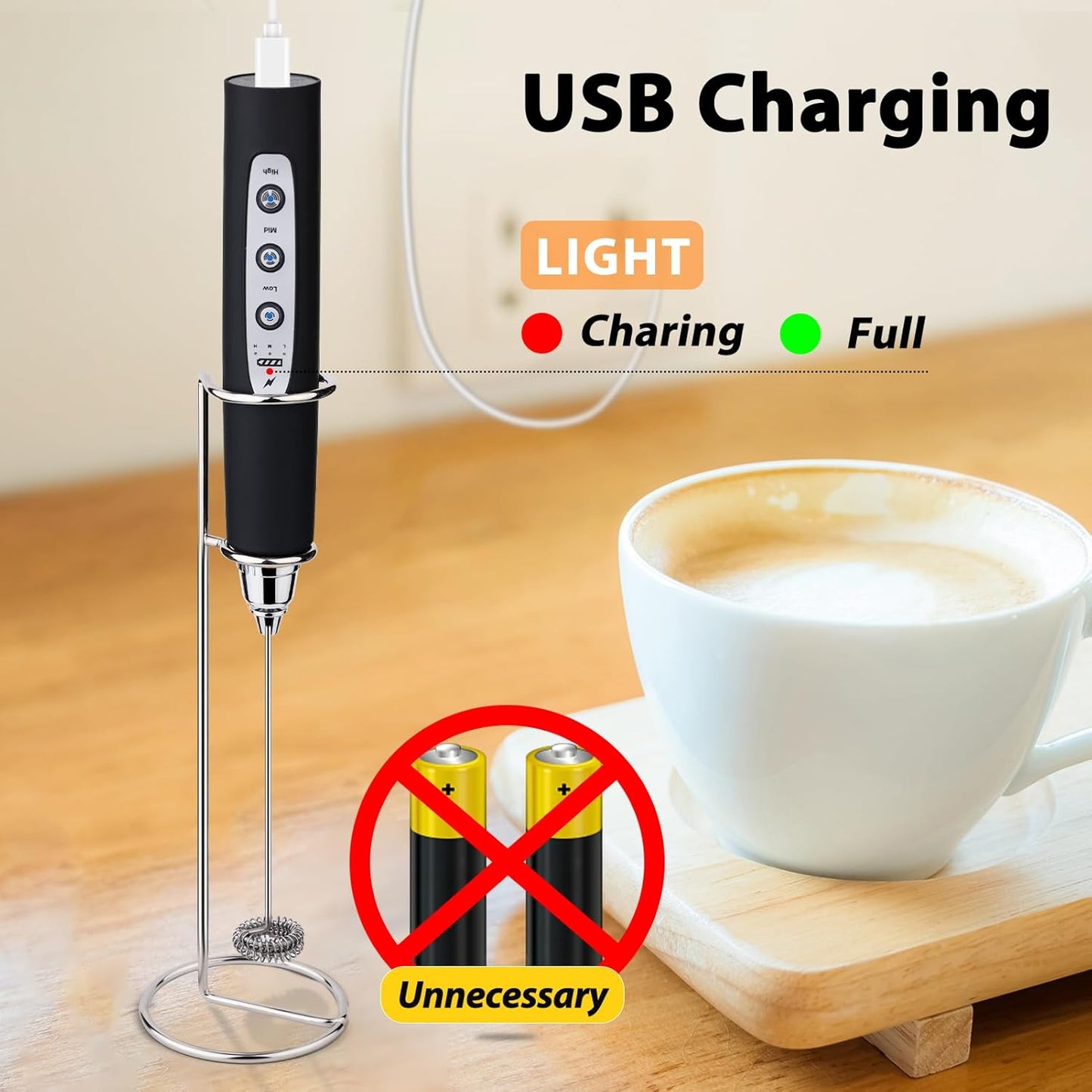 Milk Frother with Stand Rechargeable-Handheld Coffee Frother with 3 Stainless Whisks 3 Speed Adjustable, Electric Whisk Drink Mixer, Foam Maker Blender for Matcha Latte Cappuccino Chocolate